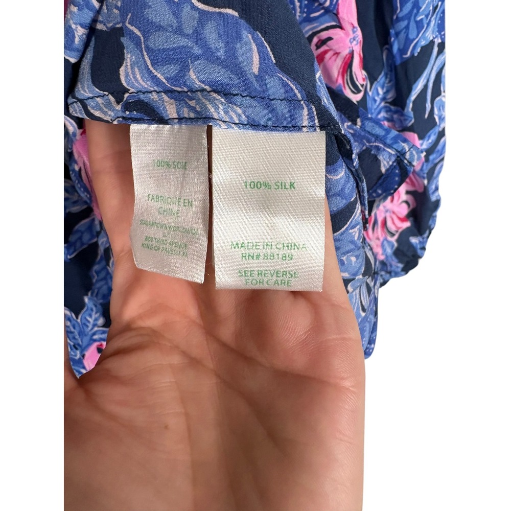 Lilly Pulitzer Elsa 100% Silk Blouse Top XXL Low Tide Navy Colorful Tropical - Picture 4 of 12
